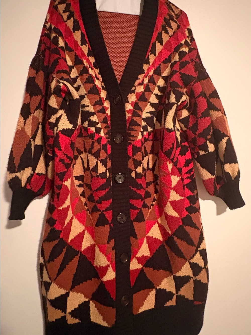 FARM Rio Multicolor Geometric Knit Cardigan - Red, Brown, Cream